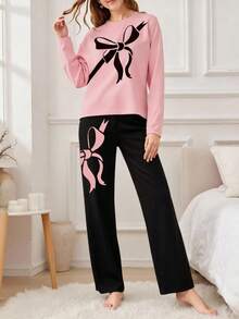 2 件套青少年女孩休闲针织蝴蝶印花长袖上衣和裤子家居服套装，优雅舒适 - 彩色 - 查看 3