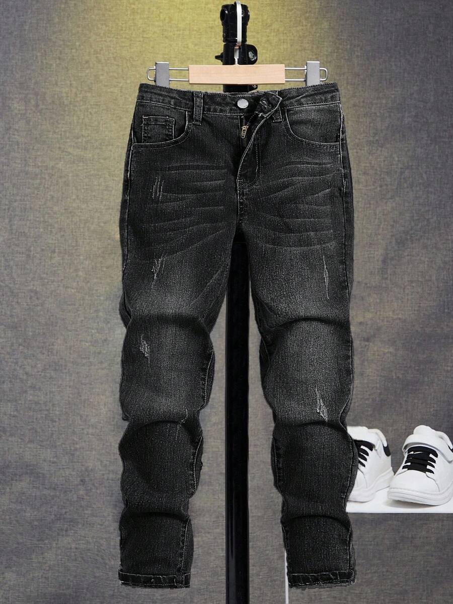 SHEIN 青少年男孩时尚休闲 Y2K 复古酷蓝可水洗设计舒适弹力修身牛仔裤柔软日常穿着,适合春夏秋季锐舞音乐节和海滩街头服饰,校园街头风牛仔裤,男童黑色牛仔裤 - 黑色 - 查看 1