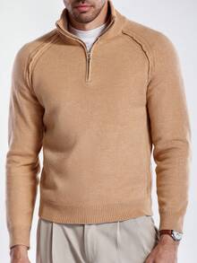 Manfinity Homme Men's Casual Solid Color Zipper Half-Placket Raglan Sleeve Sweater, Autumn/Winter Khaki Polo Sweater, Men's Warm Sweater, Lapel Sweater, Men's Sweater, Knitted Pullover It Is Great For Couples And Makes An Excellent Gift Idea For Boyfriends Or Husbands Quarter Zip Sweater Men Men Sweater Mock Neck Men Cashmere Men S Clothing Turtle Neck Men