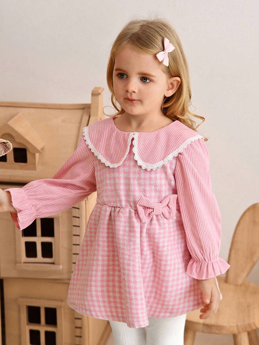 SHEIN Baby Girl Houndstooth Print Peter Pan Collar Cute Dress, Spring/Autumn - Pink - View 1