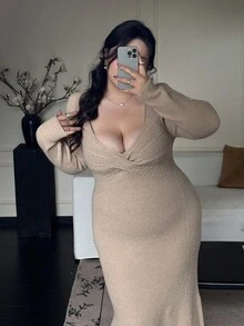 Flirla Sexy V-Neck Twist Knit Bodycon Dress, Autumn/Winter - Apricot - View 7