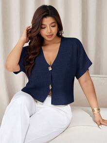 Auralis Plus Size Solid Color Short Sleeve Sweater, Suitable For Commuting Autumn Winter Clothes For Women - Navy Blue - View 5