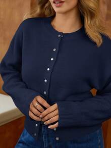 Elaquor Áo len cardigan dệt kim dài tay trễ vai màu trơn cỡ lớn dành cho nữ, mùa thu - Màu xanh hải quân - Xem 4