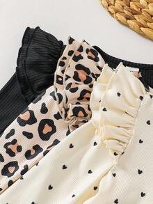 SHEIN 3 件套年轻女孩秋冬可爱百搭针织弹力喇叭袖长袖上衣套装，豹纹、波尔卡圆点、黑色罗纹圆领套头 T 恤 - 彩色 - 查看 6