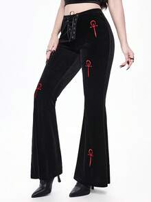 ROMWE Goth 女式哥特式天鹅绒 Ankh 刺绣喇叭裤 - 黑色 - 查看 4