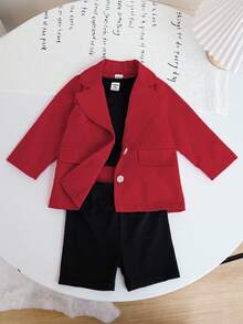 SHEIN Conjunto de moda elegante para niña bebé de 3 piezas en rojo y negro, chaqueta de traje con solapa de manga larga, chaleco negro y shorts ajustados, atuendo para fiesta, uso diario y viajes de otoño - Rojo - Ver 6