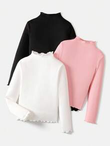 SHEIN 3pcs Tween Girls' Casual All-Match Solid Color Ribbed Lettuce Trim Mock Neck Tee - Pink - View 7