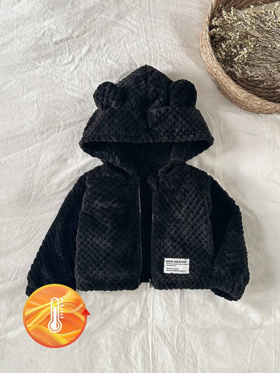 SHEIN Baby Girls' Autumn/Winter Solid Color Vertical Striped Cute Hooded Jacket, High-End Fashion Style, Made Of Soft And Comfortable Skin-Friendly Fabric, Solid Color Design With Simple And Elegant Plush 3D Ear, Warm And Easy To Match, Suitable For Outdoor Play, Home Leisure, Sports And Parties, Loose Fit Design Without Restriction