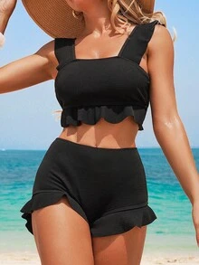 Swim Vcay Summer Beach Textured Bikini Set Ruffle Trim Tank Top & Shorts 2 Piece Bathing Suit - Black - View 1