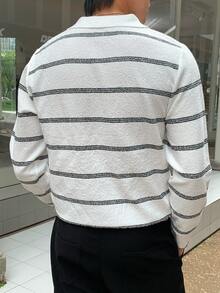 Claim Dot 男士条纹 Polo 领长袖休闲毛衣，秋冬 - 白色 - 查看 2