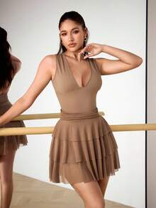 Menodora SHEIN Sport Women's Solid Color Deep V-Neck Backless Sleeveless Sports Dress - Brown - View 1