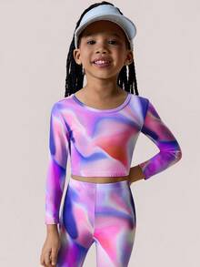 SHEIN Zestaw odzieży sportowej dla młodych dziewcząt, kolorowy wzór, jasny i żywy, bluzka z długim rękawem i wycięciem na plecach + komplet spodni, odpowiedni do ćwiczeń gimnastycznych, codziennego noszenia i na nieformalne wyjścia