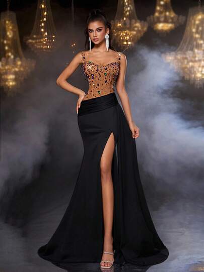 Glamrae Elegantes schwarzes & khakifarbenes Mesh-Chiffon-Abendkleid, Off-Shoulder, luxuriöser Verzierung und Meerjungfrauensaum