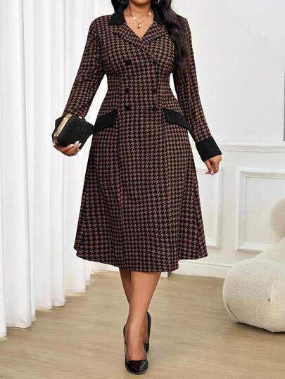 SHEIN Lady Plus Size Autumn And Winter Knitted Brown Classic Houndstooth Lapel Suit Collar Button-Down Plus Size A-Line Dress Brown Dress Brown Dress