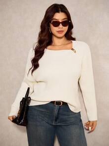Elaquor Plus Size Elegant French Style Casual Striped Metal Button Knit Sweater Top For Women/Winter Fall/Winter - Beige - View 3