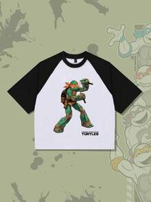 ROMWE MEN TEENAGE MUTANT NINJA TURTLES X ROMWE 男式街头风格龟纹印花撞色插肩袖T恤 - 黑與白 - 查看 1