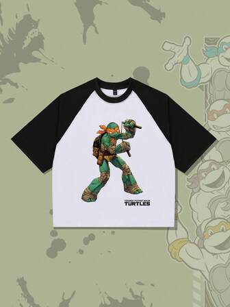 TEENAGE MUTANT NINJA TURTLES X ROMWE Camiseta de manga raglán con estampado de tortuga, estilo urbano para hombres