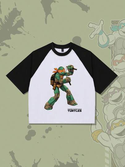 TEENAGE MUTANT NINJA TURTLES X ROMWE T-shirt à manches raglan avec imprimé tortue et contraste pour le style de rue des hommes