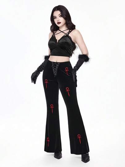 Goth Pantalon évasé en velours style gothique avec broderie Ankh pour femmes