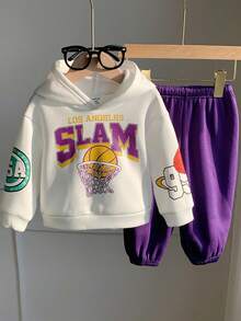 SHEIN 2件套男婴可爱卡通字母印花针织卫衣和运动裤套装，休闲运动，秋冬季男婴篮球服，男童篮球服，男婴足球服，男婴篮球服套装 - 彩色 - 查看 8