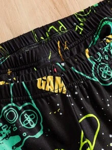 4件套青少年男童黑色简约夜光游戏印花贴身长袖家居服 - 黑色 - 查看 4