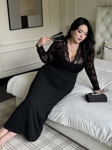 Flirla Plus Size Women's Black Long Sleeve Sexy Sheer Lace Bodycon Dress Wedding Guest Wednesday Addams - Black - View 1