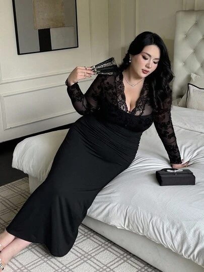 Flirla Plus Size Women's Black Long Sleeve Sexy Sheer Lace Bodycon Dress Wedding Guest Wednesday Addams
