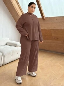 SHEIN Essnce Bộ 2 món áo thun tay dài cổ đứng màu trơn xẻ tà bên hông cỡ lớn kèm quần ống rộng thường ngày cho nữ - Màu nâu  Mocha - Xem 5