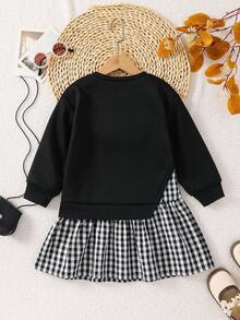 SHEIN 女童优雅黑白格子针织长袖连衣裙，秋冬格子女童两件套连衣裙，黑色两件套女童黑白连衣裙，秋冬女童两件套连衣裙，女童套装，格子裙，春秋法式连衣裙，秋冬女童连衣裙，女童格子裙，儿童黑色裙子，女童黑色长袖卫衣，适合上学穿着，女童黑色休闲卫衣上衣，适合儿童日常穿着，女童黑色蓬蓬裙