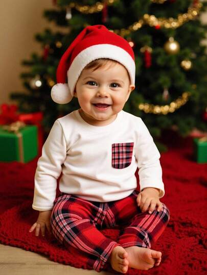 SHEIN Playful Pals Baby Boy Gray Round Neck Long Sleeve Top And Dark Plaid Pants Set, Minimalist Style And Neat Silhouette Suitable For Outdoor, Shopping, And Casual Wear, Spring/Autumn Fall Winter