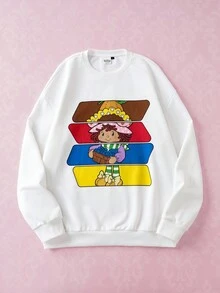 Strawberry Shortcake X SHEIN 男士休闲可爱卡通图案圆领运动衫，秋季 - 白色 - 查看 3