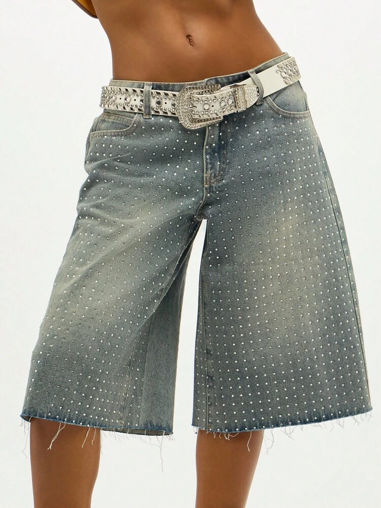 SUMWON WOMEN Crystal Studded Wide Leg Denim Culotte Shorts With Raw Hem