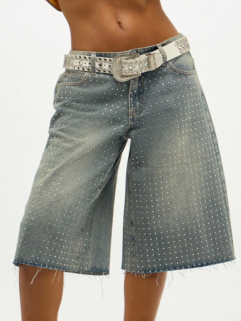 SUMWON WOMEN Crystal Studded Wide Leg Denim Culotte Shorts With Raw Hem