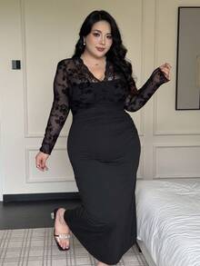 Flirla Plus Size Women's Black Long Sleeve Sexy Sheer Lace Bodycon Dress Wedding Guest Wednesday Addams - Black - View 4