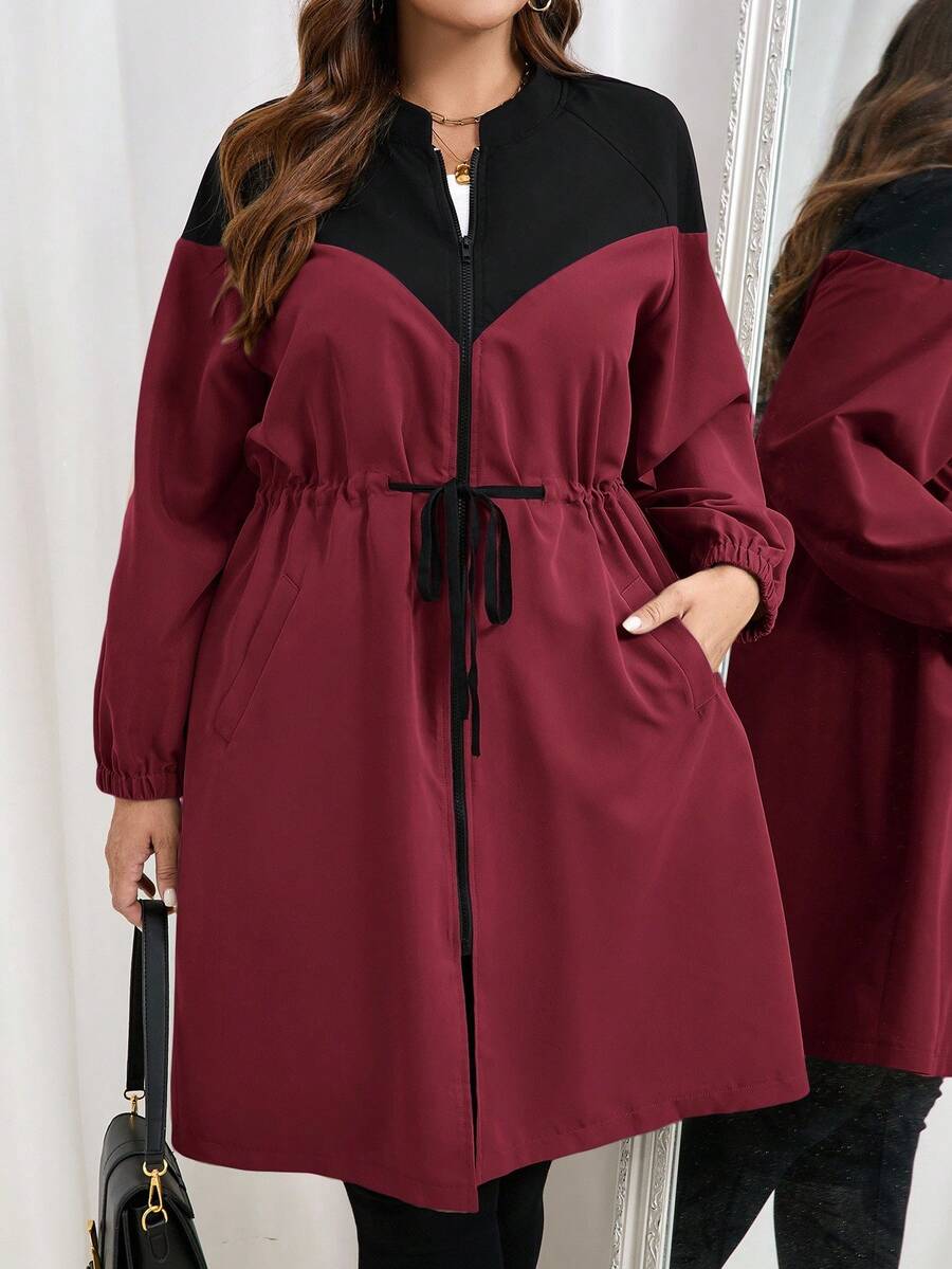 SHEIN Essnce Áo khoác gió thời trang rộng rãi, màu tương phản, chắp vá, thường ngày, đa năng, thiết yếu cho phụ nữ cỡ lớn, màu kaki và đen - Màu Đỏ Sâu - Xem 1