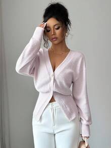 Elenzga 女士优雅 V 领开衫，纹理粗花呢，珍珠纽扣，收腰设计，百搭日常穿着，长袖 T 恤，秋冬 - 彩色 - 查看 6