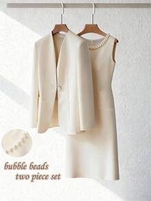 Franclia 1 Conjunto de Chaqueta de Blazer Elegante de Alta Gama y Vestido de Cuello Crew con Cuentas sin Mangas