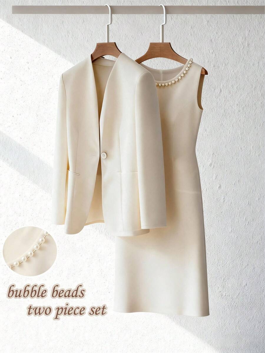 Franclia 1 Conjunto de Chaqueta de Blazer Elegante de Alta Gama y Vestido de Cuello Crew con Cuentas sin Mangas