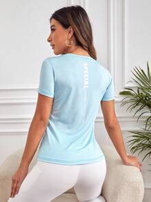 Powerista Letter Graphic Sports Tee Gym Women Shirts - Baby Blue - View 6