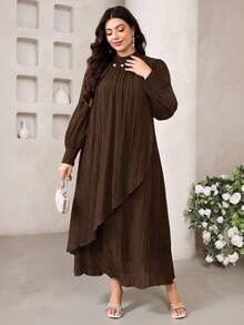 Veilorie Plus Size Elegant Commuter Beaded Decor Long Dress - Coffee Brown - View 5