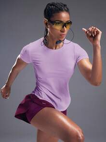 Powerista Curved Hem Solid Sports Tee Gym Women Shirts - Lilac Purple - View 8