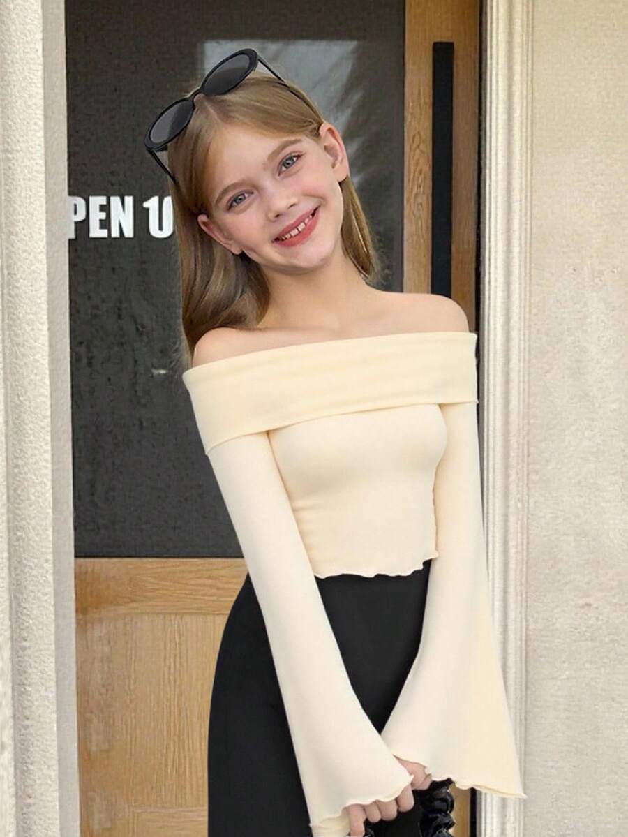 SHEIN Tween Girl Casual Minimalist Off-Shoulder Cropped Flare Long Sleeve T-Shirt Long Tube Tops Kids Off Shoulder Top Tween Girls Off Shoulder Top Tween Girl Clothes Knitted Ribbed Off Shoulder Top Long Sleeve Off Shoulder Top - Apricot - View 1