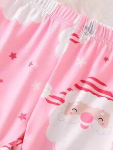 2件套女童粉色圣诞老人图案长袖长裤修身舒适睡衣套装，圣诞服装 - 粉色 - 查看 3