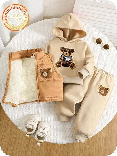 3 st/set babypojkar termofodrad huvtröja, stickad topp, joggingbyxor och vadderad väst, set med sött björnmönster, bekvämt och moderiktigt, lämpligt för inomhusbruk, utomhusbruk, vardagsbruk, sport, fest, fotografering på hösten/vintern, Halloween, jul