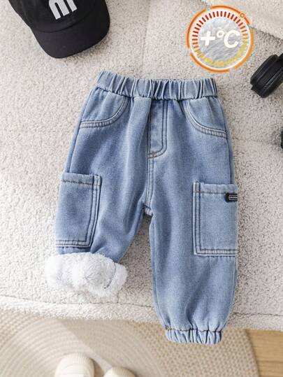SHEIN Baby Boys Thermal Lined Casual Denim Jeans, Suitable For Autumn/Winter Indoor, Outdoor, Daily Wear, Sports, Play, Party Holiday, Festival, Rave, Skiing Fall