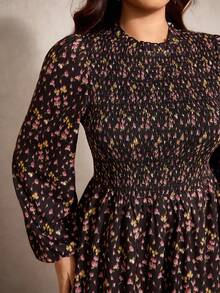 Elaquor Plus Size Elegant Minimalist Modern Urban Fashion Print Shirred Fitted Long A-Line Dress, Black, Autumn/Winter New Arrival Wedding Dress For Women - Multicolor - View 5