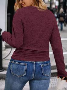 EMERY ROSE Damen Große Größen Lässig V-Ausschnitt Langarm Geraffter Saum T-Shirt, Herbst/Winter