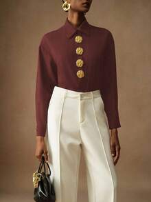 Vesra Women's Floral Button Solid Color Loose Long Sleeve Shirt Button Shirt - Redwood - View 7