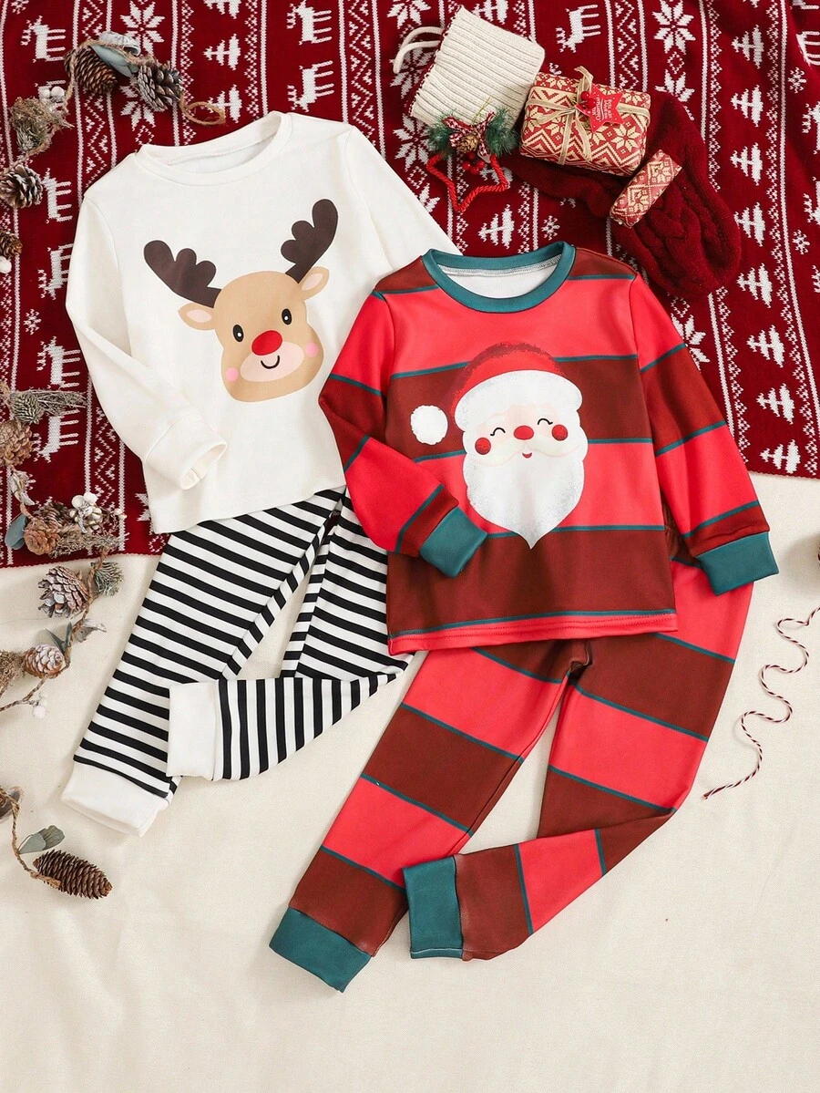Playful Pals 4pcs/Set Crew Neck Long Sleeve Elastic Waist Pants Two Pieces Set,Red Stripe Santa Claus Pattern,Beige Deer Print,White,Winter,Traditional,Wedding - Multicolor - View 1