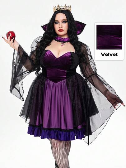 ROMWE Avant Plus Size Evil Queen Velvet Lace Gemstone Pendant Dress Costume, Autumn/Winter Party Role Play Outfit For Women, Plus Size Halloween Costume